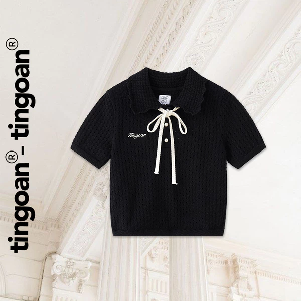TINGOAN® - Áo len đen vân lỗ phối cổ bẻ dây nơ cổ YOO YOO TOP/BL