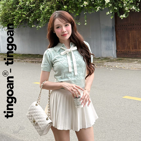 TINGOAN® - Áo len xanh mint crop bề mặt len hoạ tiết quả trám buộc nơ YURI YURI TOP/MINT