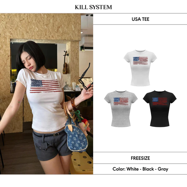 Áo thun babytee co giãn ôm body in hình USA - 𝐊𝐈𝐋𝐋 𝐒𝐘𝐒𝐓𝐄𝐌