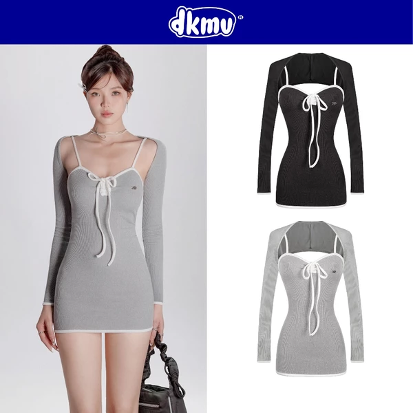 Set váy nữ hai dây và áo khoác ngoài DKMV thiết kế thắt nơ ngực kèm phối viền tương phản đáng yêu Eunji Dress | K-D25