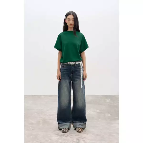 LIBÉ WORKSHOP - Quần jeans ống suông xắn gấu màu wash xanh dương đậm 7205