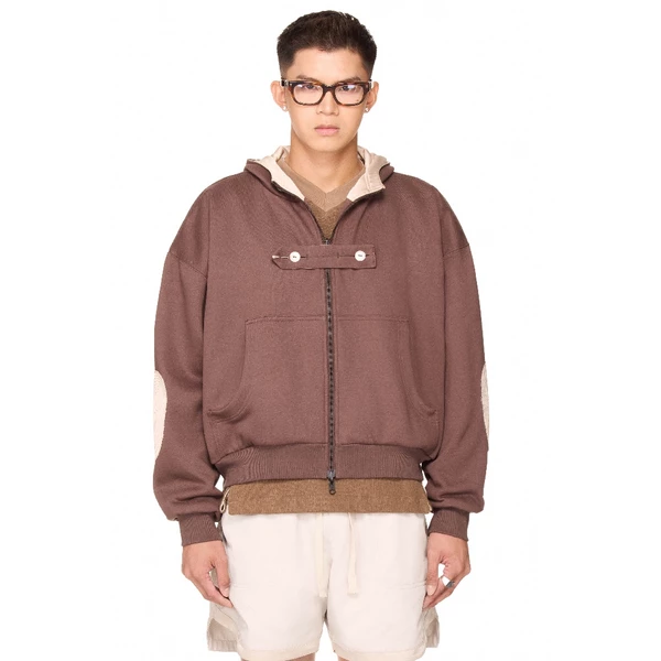 Áo khoác hoodie 2 mặt dây kéo nam nữ dáng ngắn - BEUTER® REVERSIBLE SILK ELBOW PATCH HOODIE - MOCHA