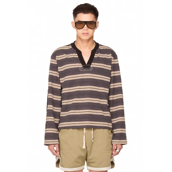 Áo thun tay dài cổ chữ V - BEUTER® STRIPED ELBOW PATCH SWEATER - DARK GREY