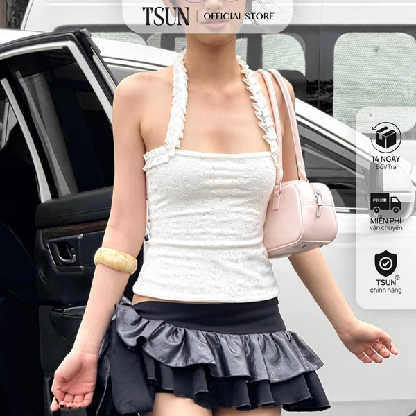 TSUN - Lumi Top Áo Cổ Yếm Croptop Cúp Ngực Ren Nữ Đính Đá Ôm Dáng Gợi Cảm Lấp Lánh