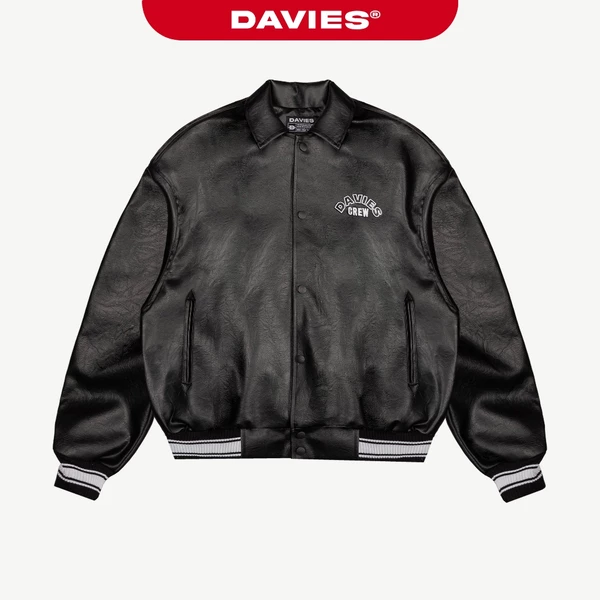 Áo khoác da nam nữ hình thêu nổi DAVIES màu đen form rộng hiphop kèm lót dù Crew Leather Varsity Jacket | D-AK25