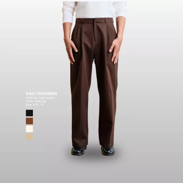 Quần Âu Nam B Brown Vải Kaki Cạp Cao Form Rộng Ống Dài Phủ Giày - B Brown Wide Leg Khaki Trousers