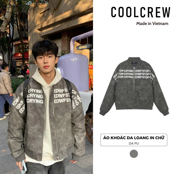 Áo Khoác Da Loang Xám đen nam nữ unisex 𝐂𝐎𝐎𝐋𝐂𝐑𝐄𝐖 da PU in chữ nổi AKD064