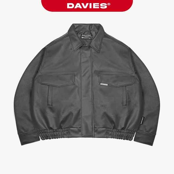 Áo khoác da bomber khóa kéo DAVIES lót dù màu xám logo inox với đường cắt form rộng hiphop Classy Crop Jacket|D-AK19-XC