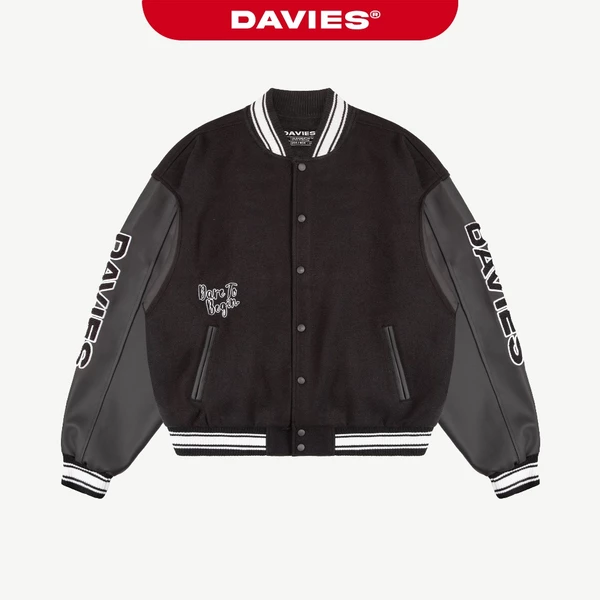 Áo varsity nỉ đen tay phối da nút bấm DAVIES hình thêu nổi cổ phối viền lót dù Statement Bomber Varsity Jacket | D-AK13