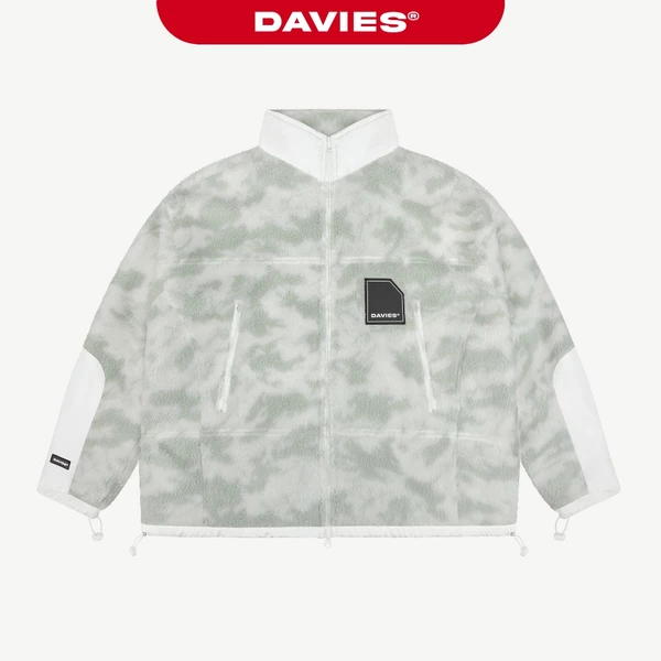 Áo khoác lông cừu họa tiết camo cổ trụ DAVIES xanh phối trắng form hiphop có lót dù zipper Fleece Zip-Up Jacket|D-AK16-T