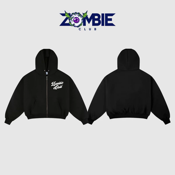 Áo Hoodie Zip, Nỉ Chân Cua 420gsm, ZOMBIE.CLUB,Mã SS26,Thêu Xù, Chính Hãng
