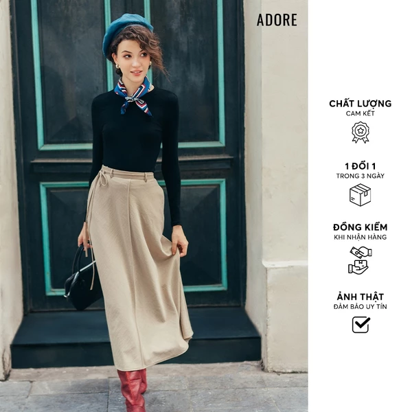 Chân váy midi A nâu be chạy mí giữa - 512SK2030 ADORE