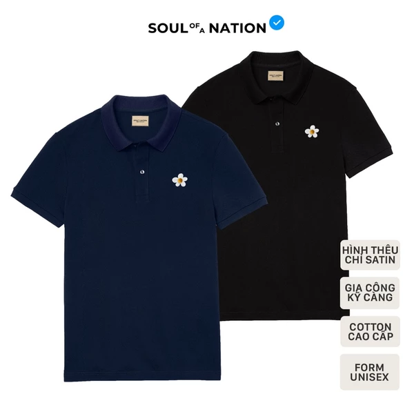 Áo Polo THÊU HOA CÚC được làm thủ công, có cổ Basic vải cá sấu Pique Cotton, chỉn chu - SOUL OF A NATION