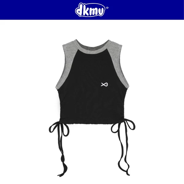 Áo croptop kiểu xinh ba lỗ nữ DKMV đen phối xám hình thêu Cá kết hợp thắt nơ dây rút thân áo Nelly Top| K-T15-DX