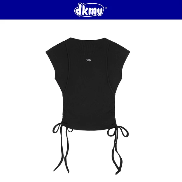 Áo croptop nữ ôm kiểu màu đen DKMV rút dây thân áo phối viền nổi cổ cao thun co giãn logo inox Laris Top | K-T2-D