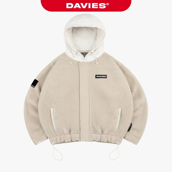 Áo khoác lông cừu có mũ màu be nam nữ DAVIES khóa kéo kèm lót dù form rộng Fleece Hooded Jacket I D35-AK5-B