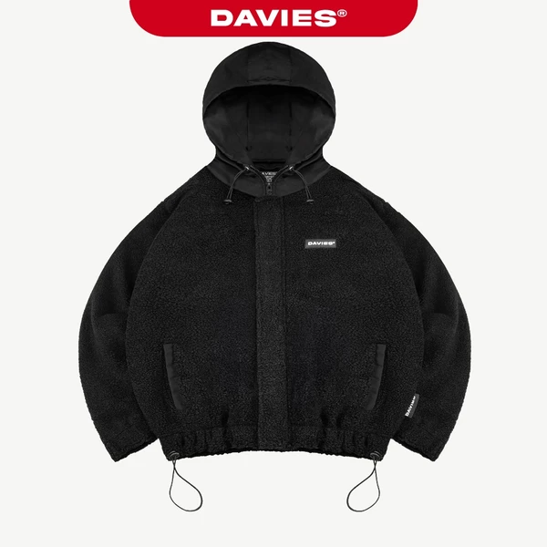 Áo khoác lông cừu nam nữ có mũ DAVIES khóa kéo form rộng có lót dù kèm dây rút màu đen Fleece Hooded Jacket I D35-AK5-D