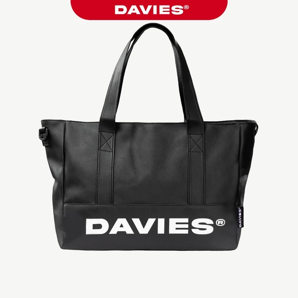 Túi xách đeo chéo da in chữ DAVIES quai đeo tháo rồi kèm lót dù đựng Laptop 14inch màu đen Medium Leather | D-B70-D