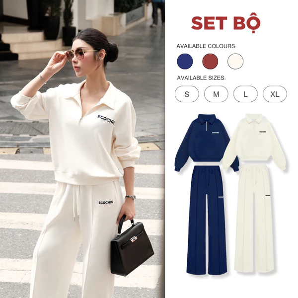 Set Bộ Dài ECOCHIC B191 Áo Crop Halfzip Quần Suông Dây Rút Cạp Cao Chất Liệu Vải Sợi Xaomi Cao Cấp Chính Hãng