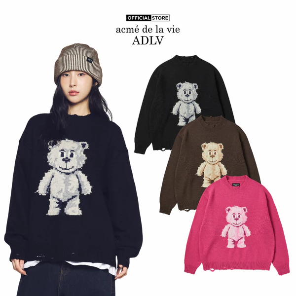 Áo Len ADLV Distressed Bear dáng oversized màu đen/nâu/hồng - Hàng chính hãng