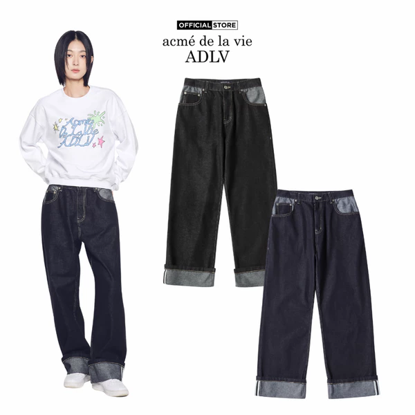 Quần Denim ADLV Roll Up dáng oversized màu đen/xanh navy - Hàng chính hãng