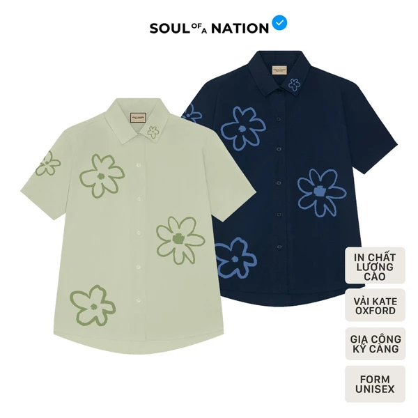 Áo Sơ Mi Tay Ngắn - IN FLOWER PATTERN unisex CAO CẤP form basic, có chất vải vô cùng mềm mại, dày dặn - Olive/Xanh Navy