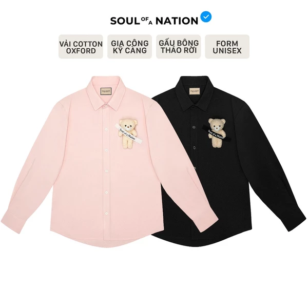 Áo SƠ MI GẤU/THỎ NHỒI BÔNG Soul of a Nation unisex CAO CẤP form basic, dễ thương SOUL OF A NTION - Đen/ Hồng/ Xanh dương