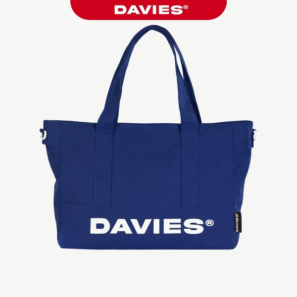 Túi tote có khóa kéo mang hai mặt DAVIES in chữ phối logo inox chất canvas có lót dù màu xanh biển Medium Tote| D-B69-XB