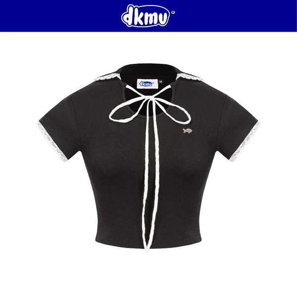 Áo kiểu nữ croptop đen phối ren DKMV cổ áo búp bê ngắn tay thắt nơ đáng yêu thun co giãn ôm dáng Lace Shirt | K-T18-D
