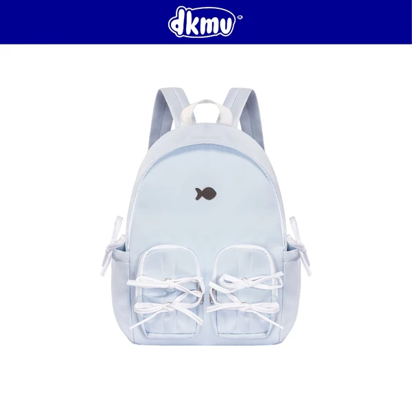 Balo nữ cute túi phối dây rút thắt nơ DKMV nhiều ngăn xanh dương pastel logo cá inox Sweet Bow Backpack| K-P51-XN