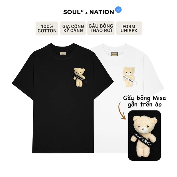 Áo Thun Gấu Nhồi Bông Soul of a Nation unisex CAO CẤP form basic, dễ thương, đáng yêu SOUL OF A NATION - Đen/Trắng