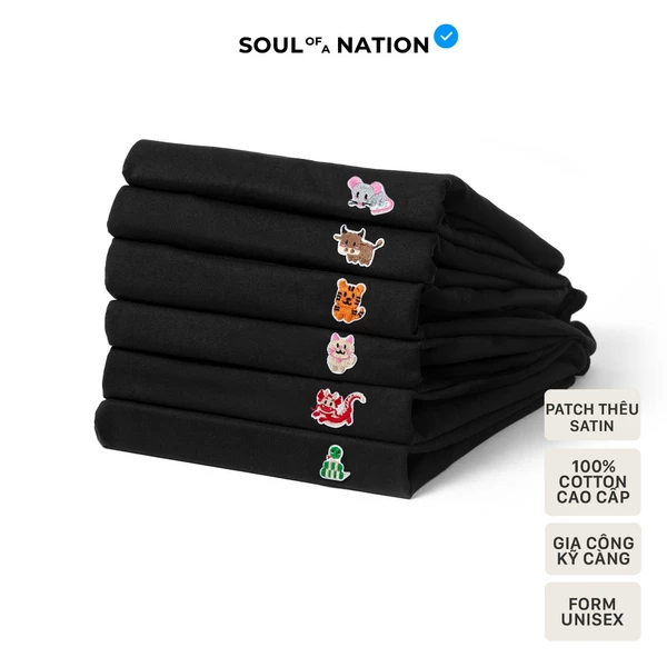 Áo thun THÊU 12 CON GIÁP CUTE, DỄ THƯƠNG unisex CAO CẤP form basic SOUL OF A NATION - ĐEN