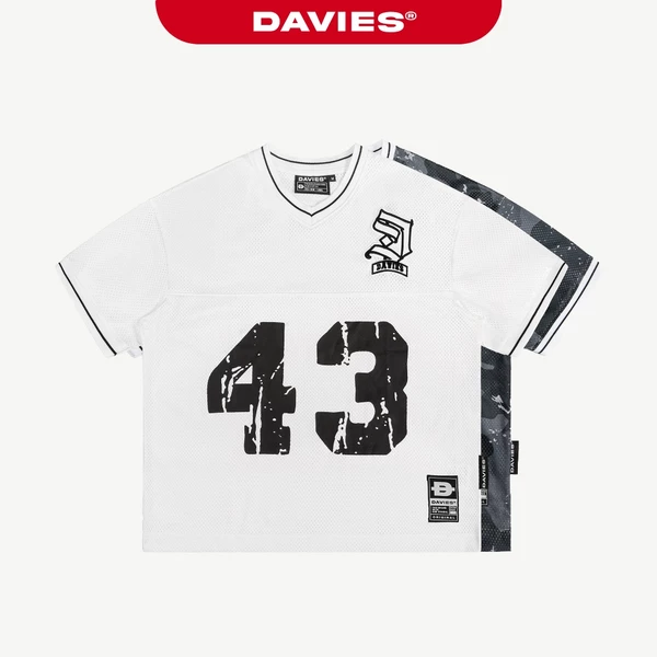 Áo hiphop nam nữ kiểu Jersey DAVIES thun lưới cổ V thiết kế hình in phối logo thêu cách điệu form rộng tay lỡ