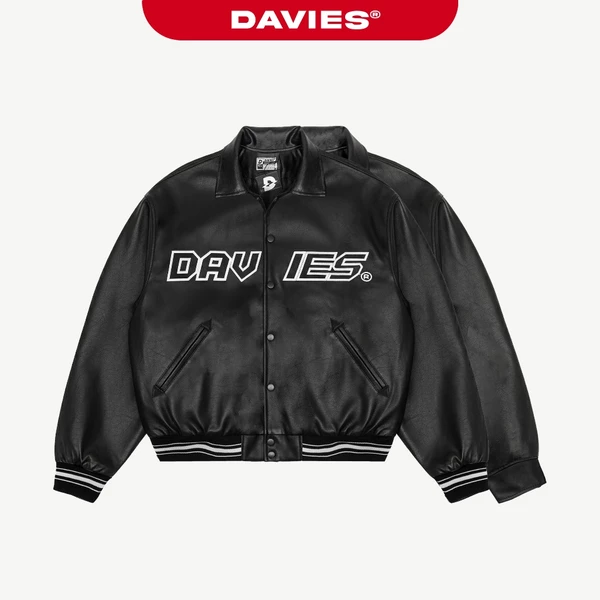 Áo varsity jacket nam nữ vải da DAVIES local brand chống nước màu đen form rộng thêu chữ