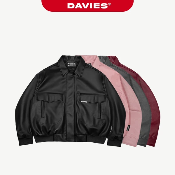 Áo khoác da bomber 2 lớp logo inox DAVIES màu đen thiết kế túi xéo và đường cắt tay áo độc đáo Classy Jacket