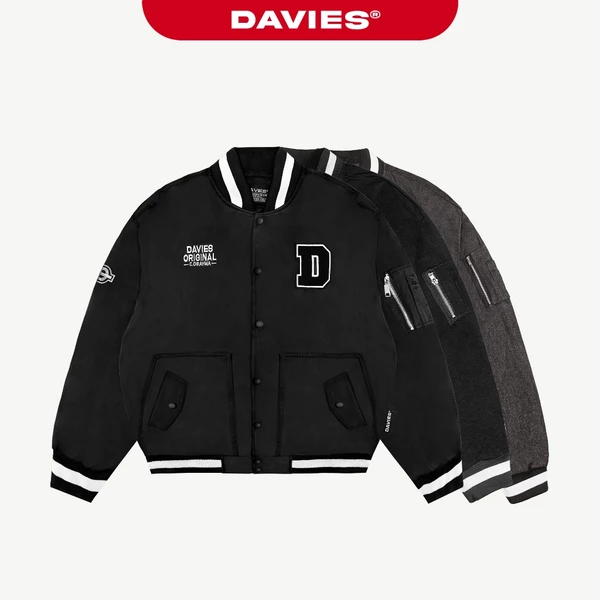 Áo khoác bomber nam nữ form rộng DAVIES local brand vải dù, Kaki, Jean màu đen thêu chữ Khaki Daviesism Jacket I D36-AK6