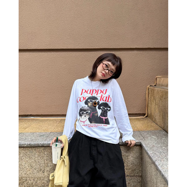 TheGlam CHÍNH HÃNG - Áo Thun Tay Dài Trắng "PUPPY" Raglan UNISEX Form Boxy - Nam Nữ Cotton Cao Cấp - TS05-06