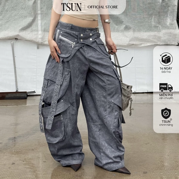 TSUN - Riko Cargo Pants Quần Dài Kaki Túi Hộp Phối Khoen Lỗ Cá Tính