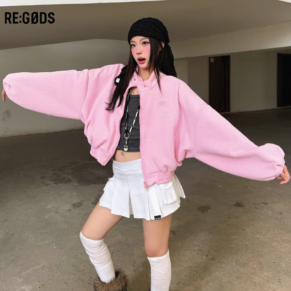 Áo Khoác Jacket Cropped thêu Logo REGODS Khoá kéo 2 đầu form rộng nam nữ - Jacket cropped logo