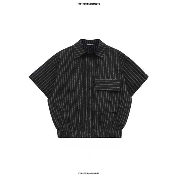 HYPNOTISM | “STRIPED BAND SHIRT” - Áo sơ mi tay ngắn dáng rộng bo gấu - vải cotton nhăn hoạ tiết kẻ sọc unisex