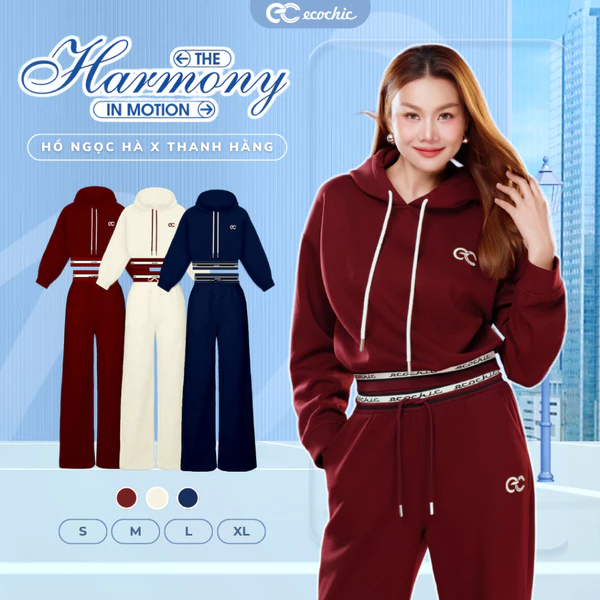 Set Bộ Nỉ Mịn ECOCHIC VELOCITY SET Áo Crop Hoodie Phối Bo Sọc Quần Suông Chất Liệu Cao Cấp HNH B204