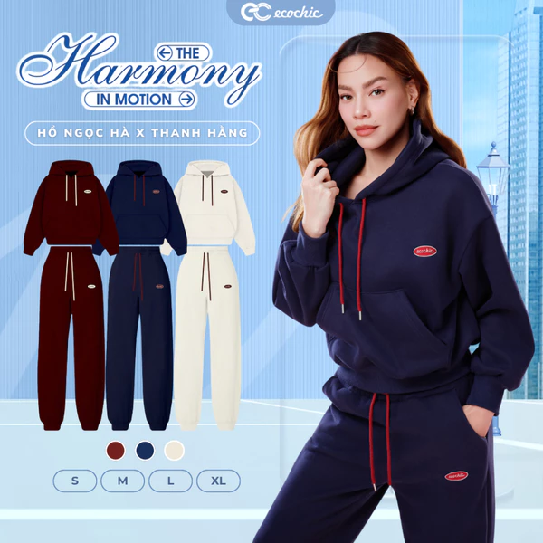 Bộ Hoodie Nỉ Lông Nhung ECOCHIC Phối Quần Ống Bo Cạp Chun Basic Dây Rút Chất Liệu Chính Hãng HNH B209