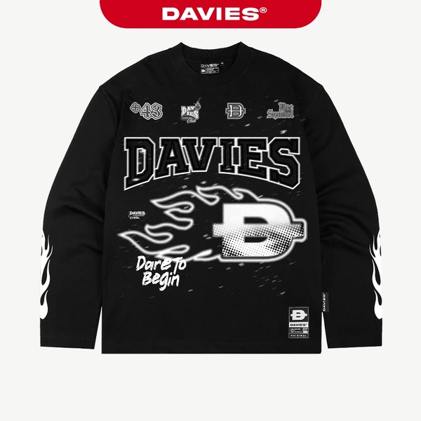 Áo thun tay dài form rộng in hình DAVIES họa tiết trước ngực màu đen cotton Ember Drift Long Sleeve Tee| D-T14