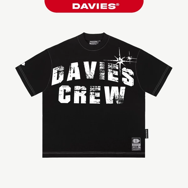 Áo thun form rộng chỉ nổi in chữ DAVIES màu đen nam nữ tay lỡ cotton Highlight Tee| D-T25