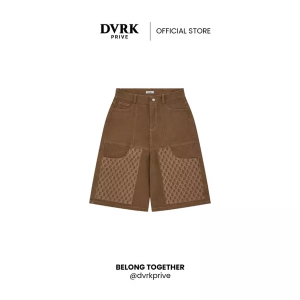 Quần Shorts Jeans Ống Rộng Hoạ Tiết Monogram Màu Nâu LE NUIT-DVRK-25W