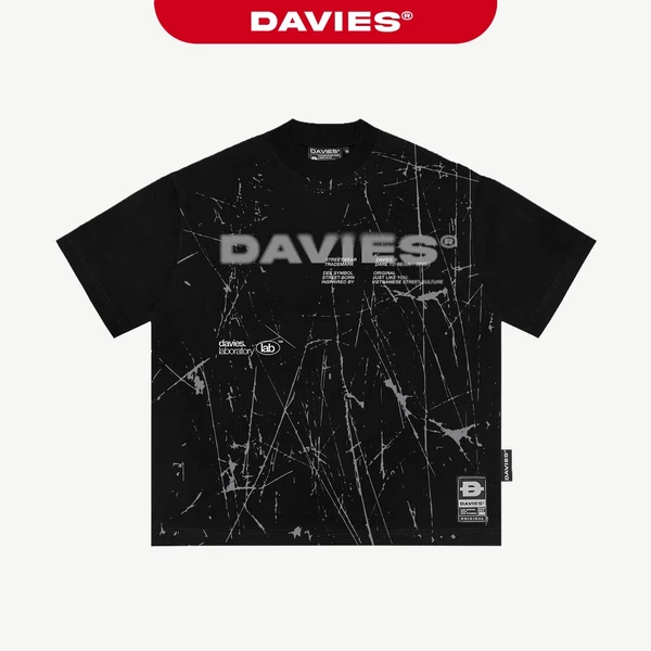 Áo phông rộng đen họa tiết in full DAVIES thun cotton thoáng mát nam, nữ kèm tag vải Blurred Lines Tee| D-T12