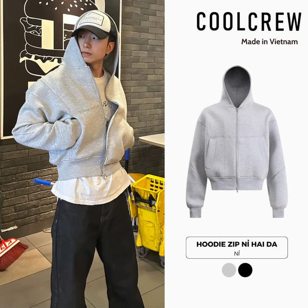 Áo Hoodie Zip Nỉ Hai Da Form Boxy 𝐂𝐎𝐎𝐋𝐂𝐑𝐄𝐖 Khoá Nhựa Kéo Hai Đầu Phong Cách Basic AHO074