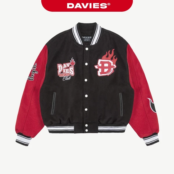 Áo varsity nỉ đen phối tay đỏ DAVIES thêu họa tiết full 2 mặt form rộng nút bấm Camping Club Bomber Jacket| D-AK11
