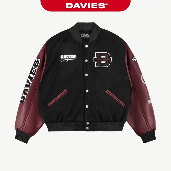 Áo khoác varsity phối tay da đỏ DAVIES hình thêu nổi thiết kế nút bấm nỉ lót dù hiphop Heritage Bomber Jacket| D-AK10-DO
