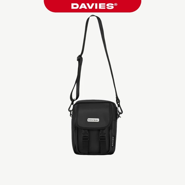 Túi đeo chéo da trơn logo inox DAVIES màu đen kháng nước dây bản to đựng Ipad mini Classy Pocket| D-B55
